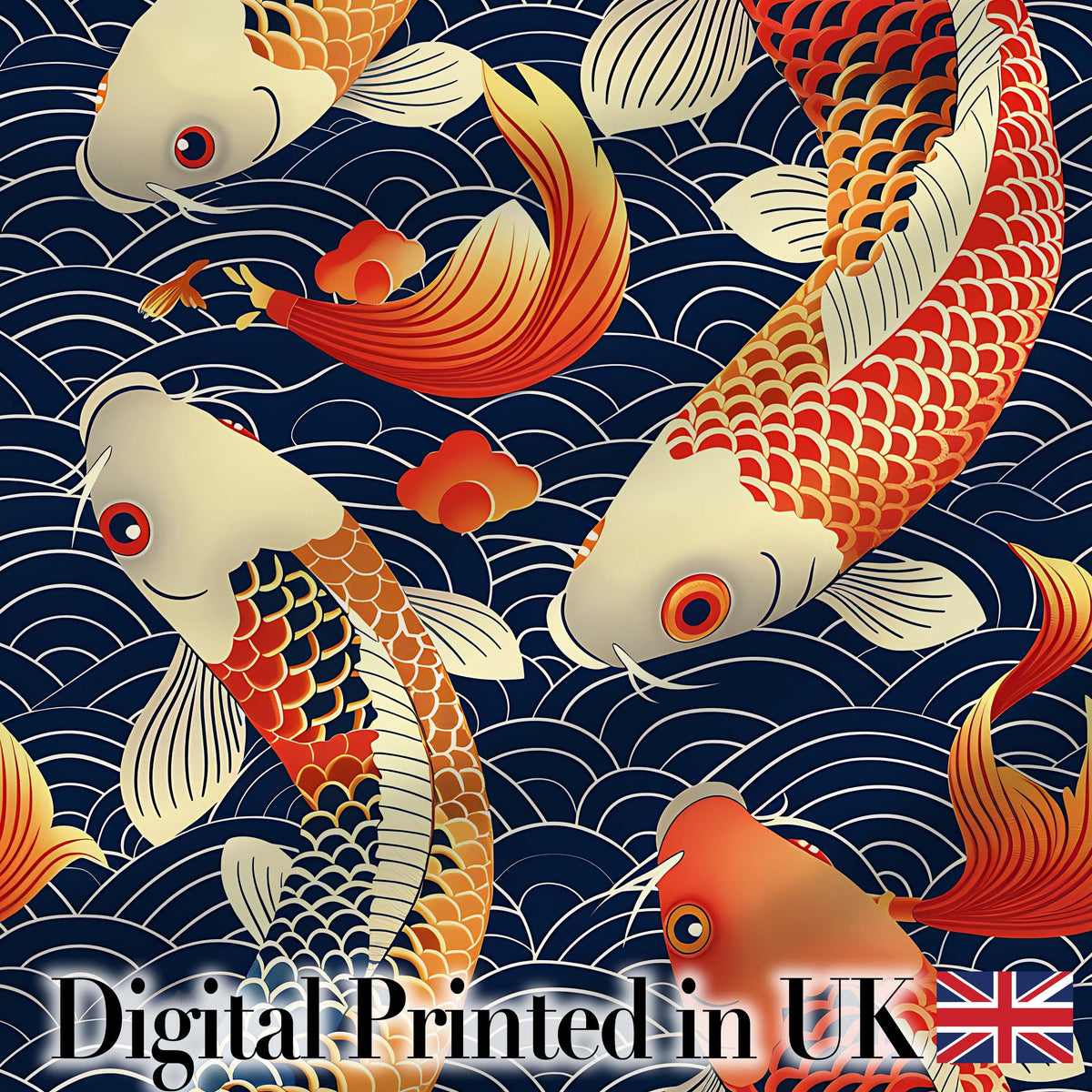Decorative Koi Fish with Geometric Wave Background Pattern Asian Style Textile Digital Print Fabric by the Metre UK Sewing Quilting Textile