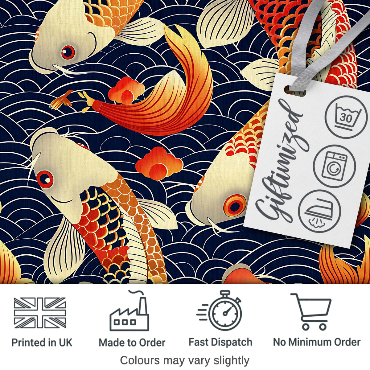 Decorative Koi Fish with Geometric Wave Background Pattern Asian Style Textile Digital Print Fabric by the Metre UK Sewing Quilting Textile