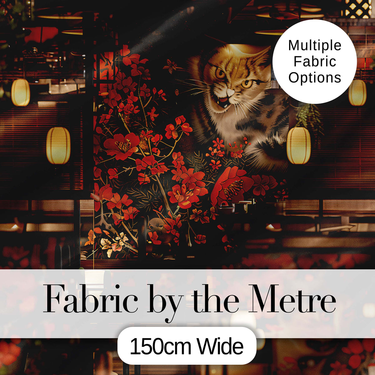 Artistic Cat with Red Flowers in Japanese Style Interior Decorative Textile Digital Print Fabric by the Metre UK Sewing Quilting Textile