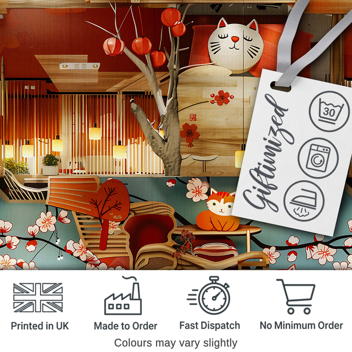 Cute Cartoon Cats with Cherry Blossoms and Lantern Decor Playful Japanese Theme Digital Print Fabric by the Metre UK Sewing Quilting Textile