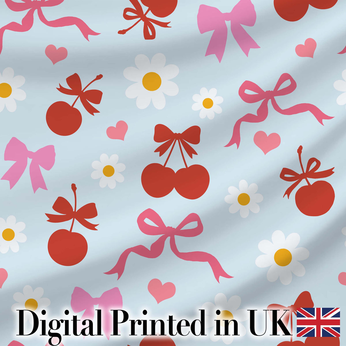 Cute Cherry and Bow Motif with Daisy Flowers Pattern Playful Girly Design Digital Print Fabric by the Metre UK Sewing Quilting Textile