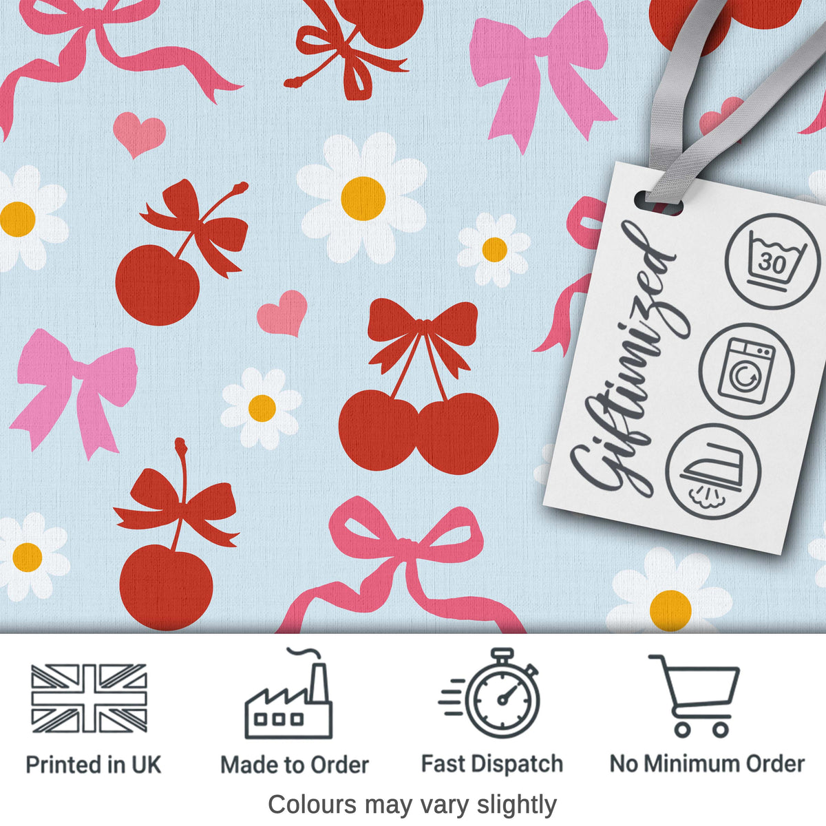 Cute Cherry and Bow Motif with Daisy Flowers Pattern Playful Girly Design Digital Print Fabric by the Metre UK Sewing Quilting Textile