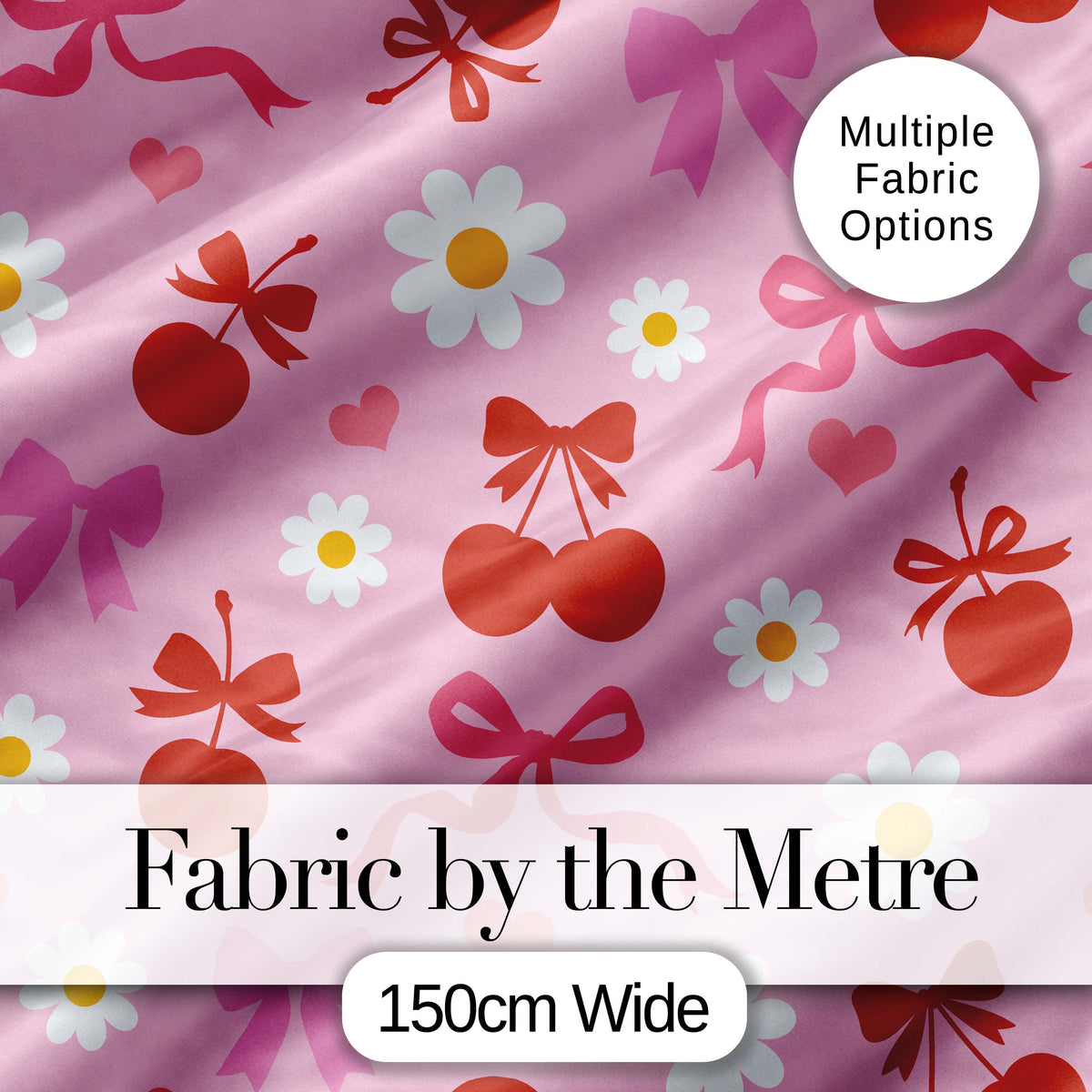 Pink Cherry and Bow Decorative with Floral Elements Sweet Style Digital Print Fabric by the Metre UK Sewing Quilting Textile