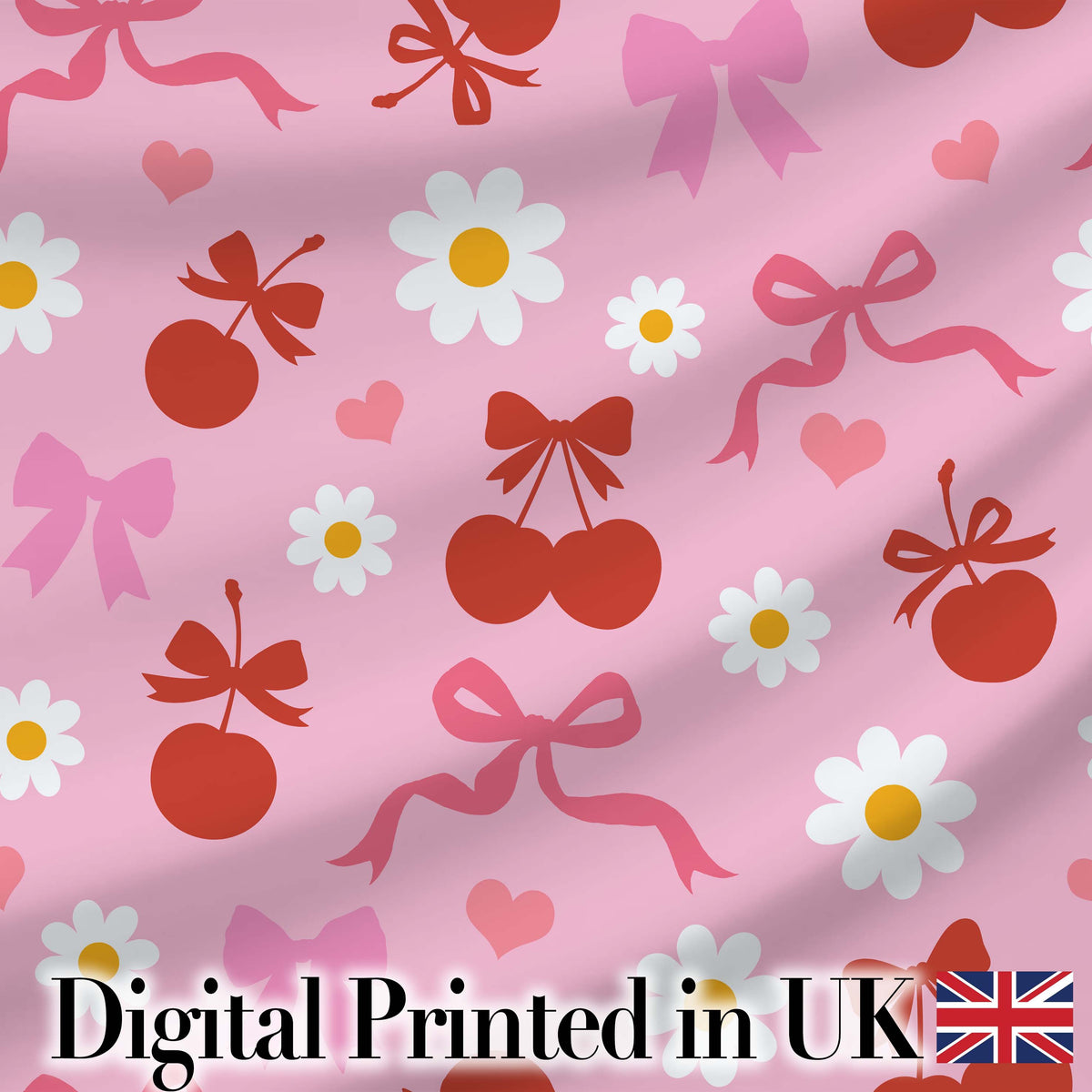 Pink Cherry and Bow Decorative with Floral Elements Sweet Style Digital Print Fabric by the Metre UK Sewing Quilting Textile
