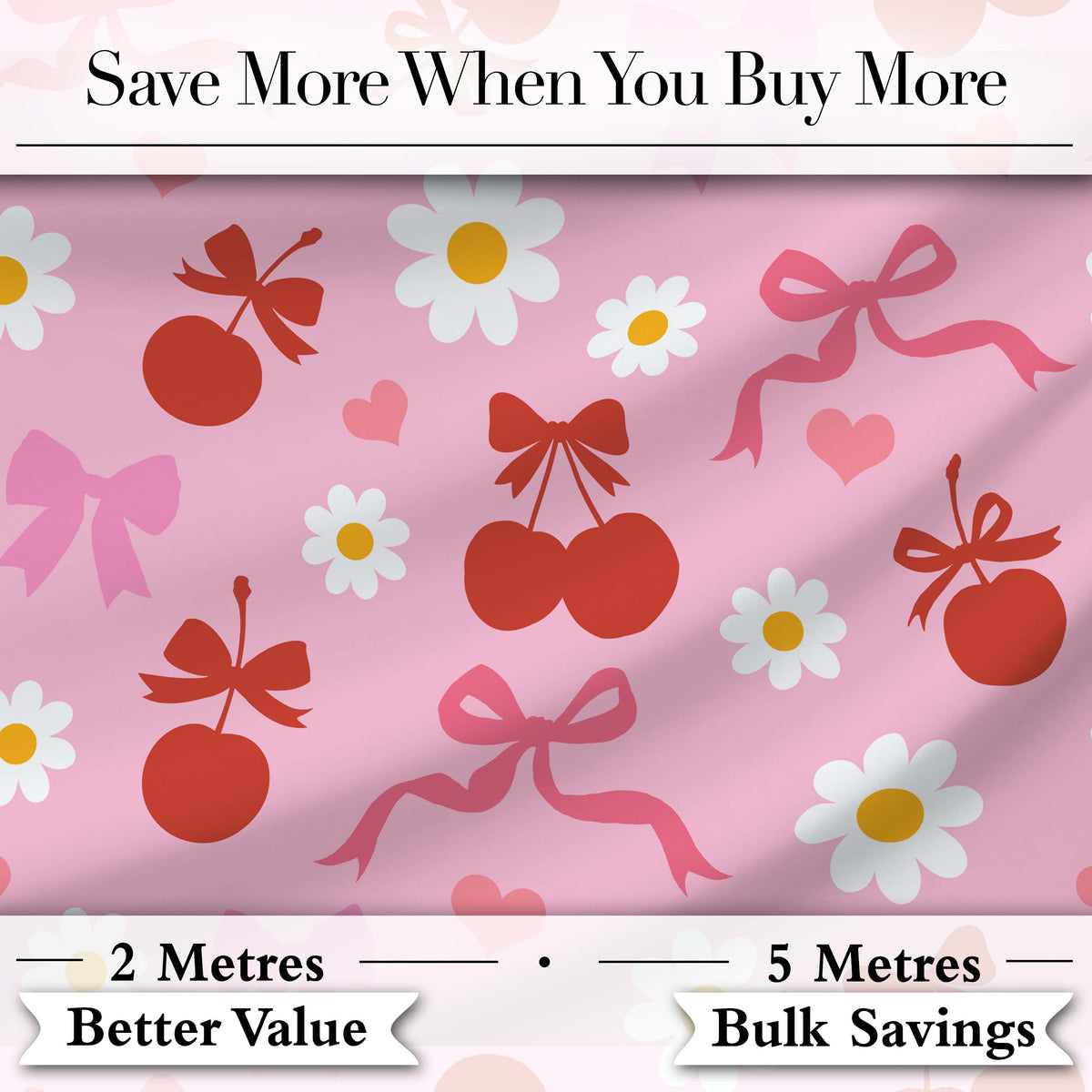 Pink Cherry and Bow Decorative with Floral Elements Sweet Style Digital Print Fabric by the Metre UK Sewing Quilting Textile