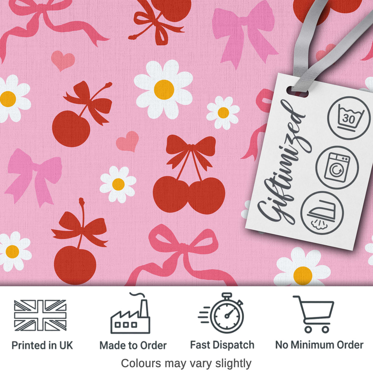 Pink Cherry and Bow Decorative with Floral Elements Sweet Style Digital Print Fabric by the Metre UK Sewing Quilting Textile