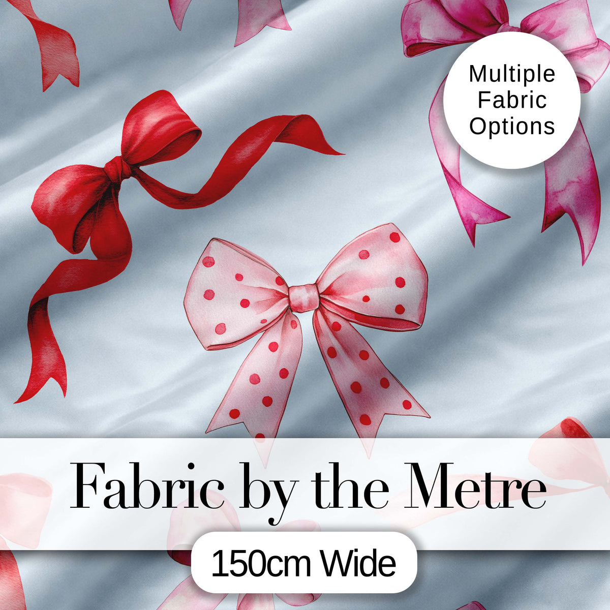 Watercolor Red and Pink Ribbon Bows Soft Blue Background Cute Girly Design Digital Print Fabric by the Metre UK Sewing Quilting Textile