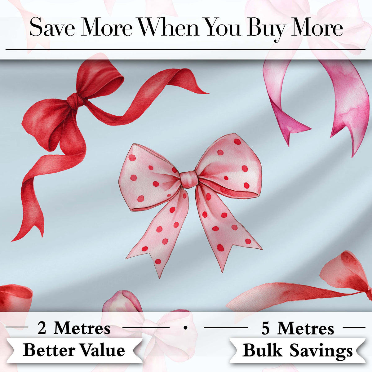 Watercolor Red and Pink Ribbon Bows Soft Blue Background Cute Girly Design Digital Print Fabric by the Metre UK Sewing Quilting Textile