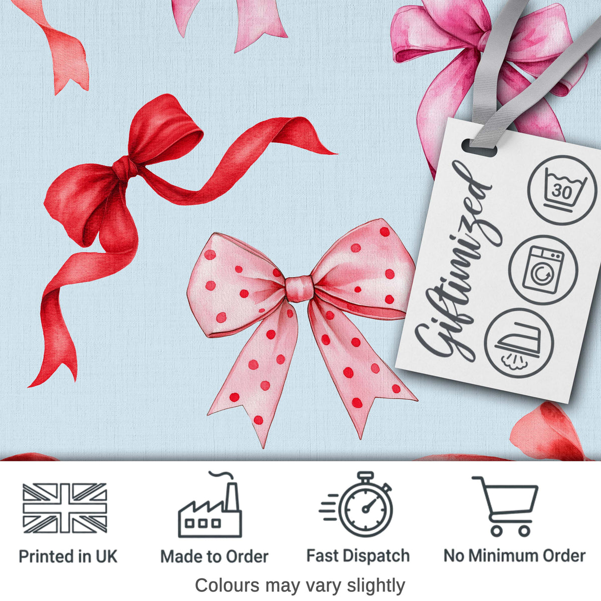 Watercolor Red and Pink Ribbon Bows Soft Blue Background Cute Girly Design Digital Print Fabric by the Metre UK Sewing Quilting Textile