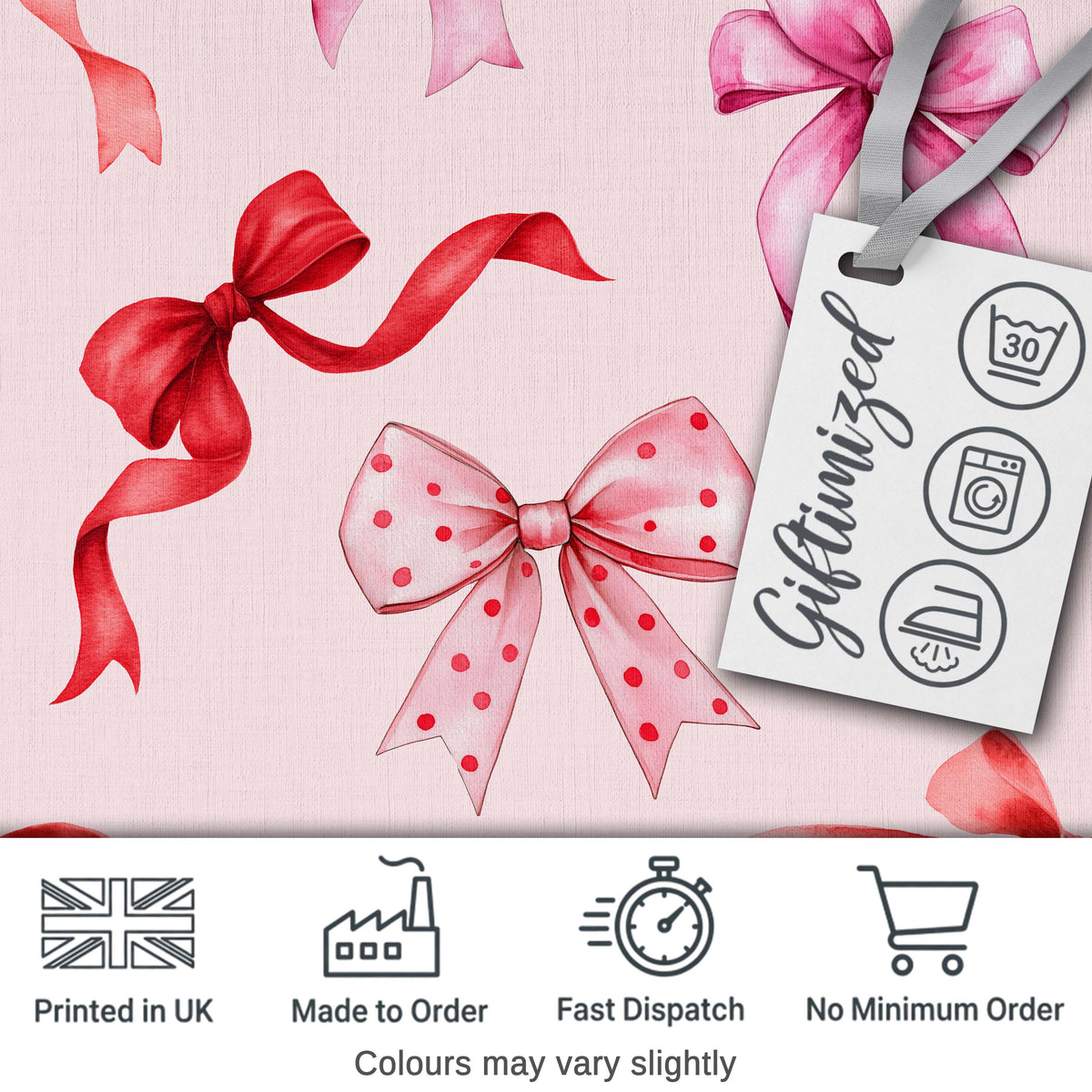 Watercolor Red and Pink Ribbon Bows Soft Beige Background Cute Girly Design Digital Print Fabric by the Metre UK Sewing Quilting Textile