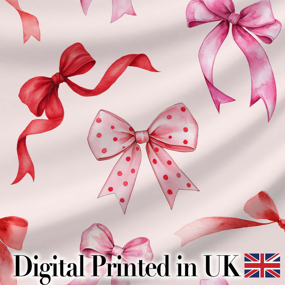 Watercolor Red and Pink Ribbon Bows Neutral Cream Background Cute Girly Design Digital Print Fabric by the Metre UK Sewing Quilting Textile