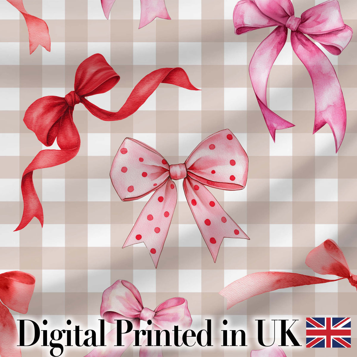 Watercolor Red and Pink Ribbon Bows Beige Gingham Check Background Cute Design Digital Print Fabric by the Metre UK Sewing Quilting Textile