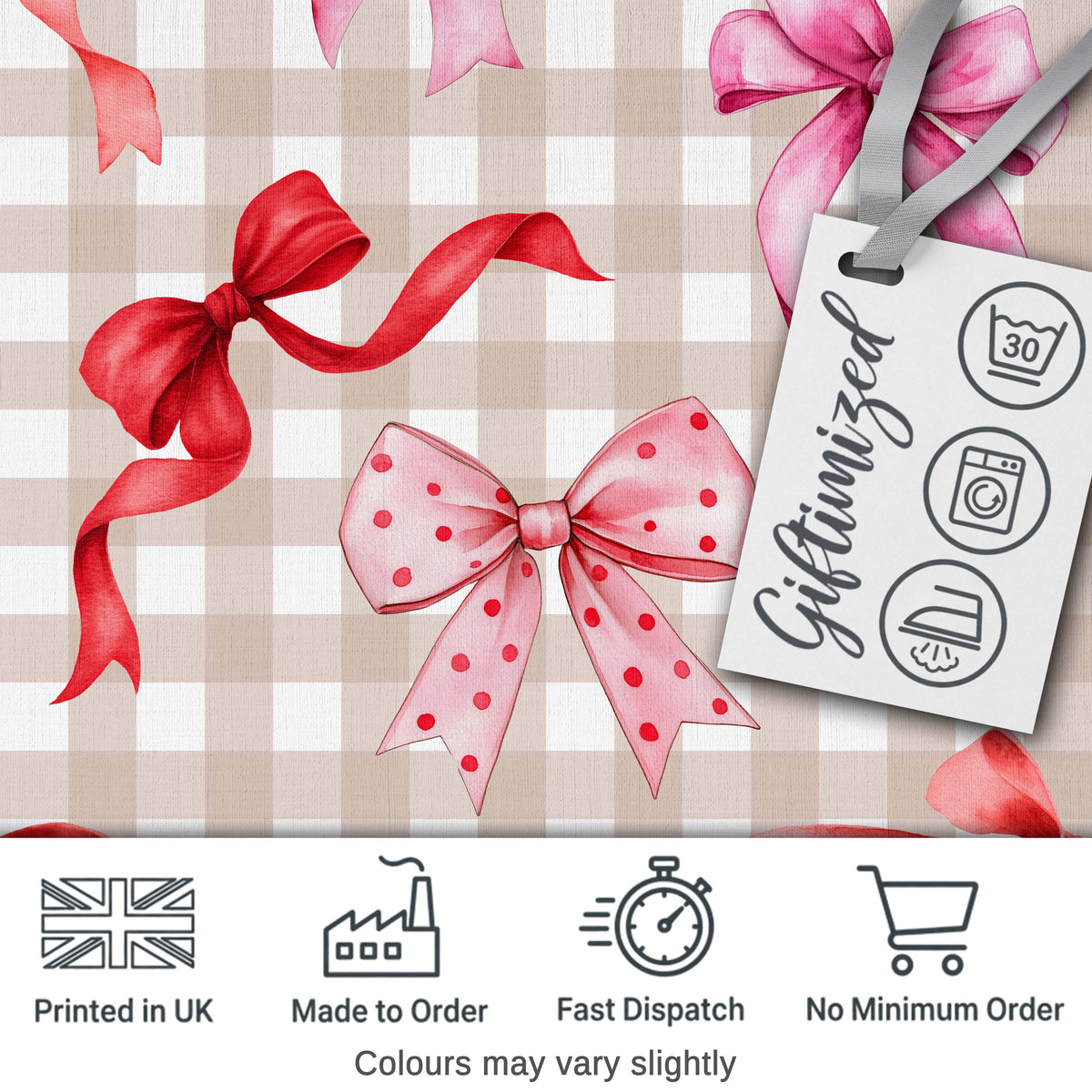 Watercolor Red and Pink Ribbon Bows Beige Gingham Check Background Cute Design Digital Print Fabric by the Metre UK Sewing Quilting Textile