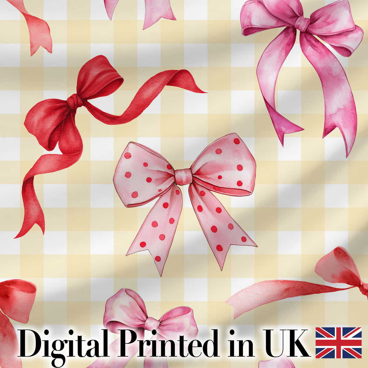 Watercolor Red Pink Ribbon Bows Yellow Gingham Background Cute Girly Fabric Digital Print Fabric by the Metre UK Sewing Quilting Textile