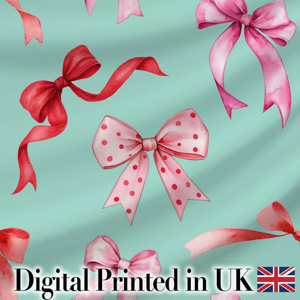 Watercolor Red Pink Ribbon Bows Mint Green Background Cute Girly Fabric Design Digital Print Fabric by the Metre UK Sewing Quilting Textile