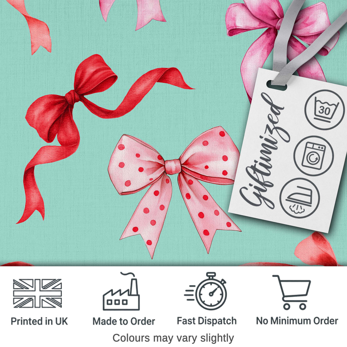 Watercolor Red Pink Ribbon Bows Mint Green Background Cute Girly Fabric Design Digital Print Fabric by the Metre UK Sewing Quilting Textile