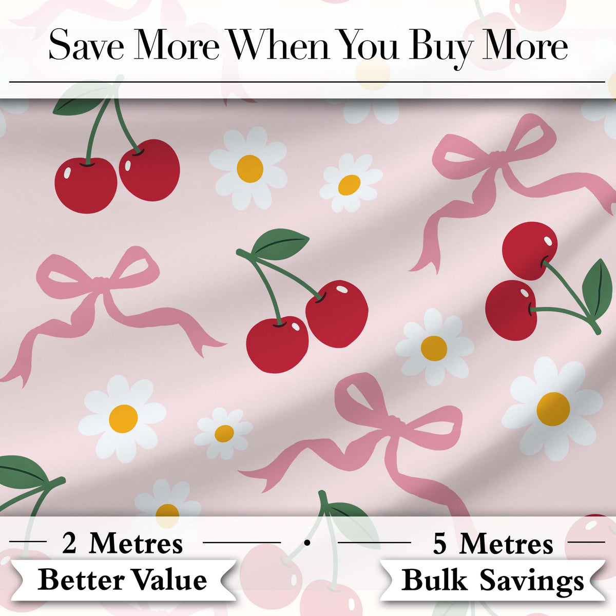 Cute Cherry and Daisy Flowers with Pink Ribbon Bows Soft Pink Background Digital Print Fabric by the Metre UK Sewing Quilting Textile
