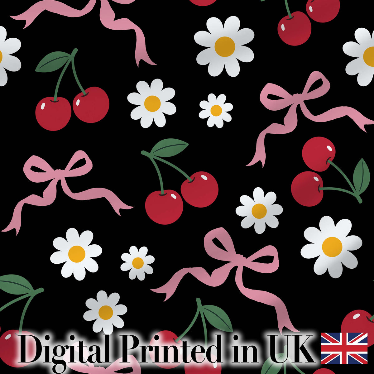 Cute Cherry and Daisy Flowers with Pink Ribbon Bows Pattern Black Background Digital Print Fabric by the Metre UK Sewing Quilting Textile