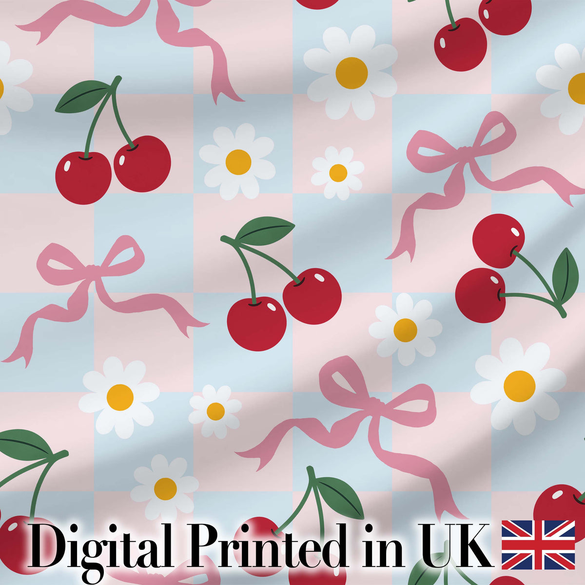 Cute Cherry and Daisy Flowers with Pink Ribbon Bows Blue Check Background Digital Print Fabric by the Metre UK Sewing Quilting Textile