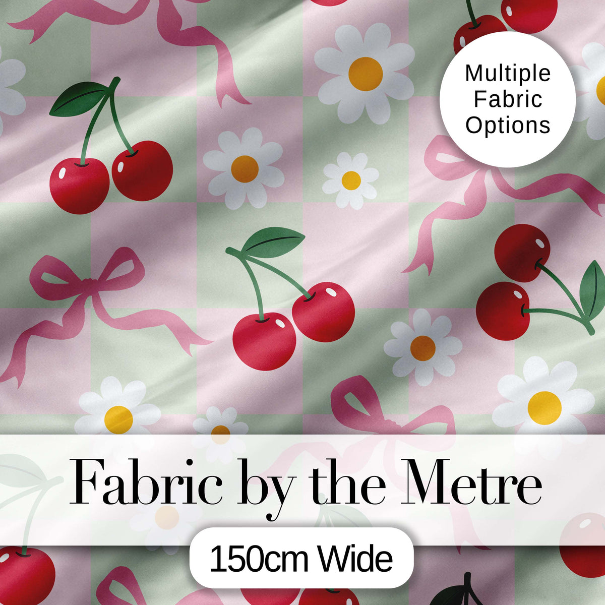 Cute Cherry and Daisy Flowers with Pink Ribbon Bows Green Check Background Digital Print Fabric by the Metre UK Sewing Quilting Textile