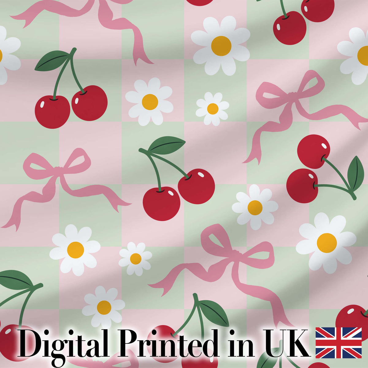 Cute Cherry and Daisy Flowers with Pink Ribbon Bows Green Check Background Digital Print Fabric by the Metre UK Sewing Quilting Textile