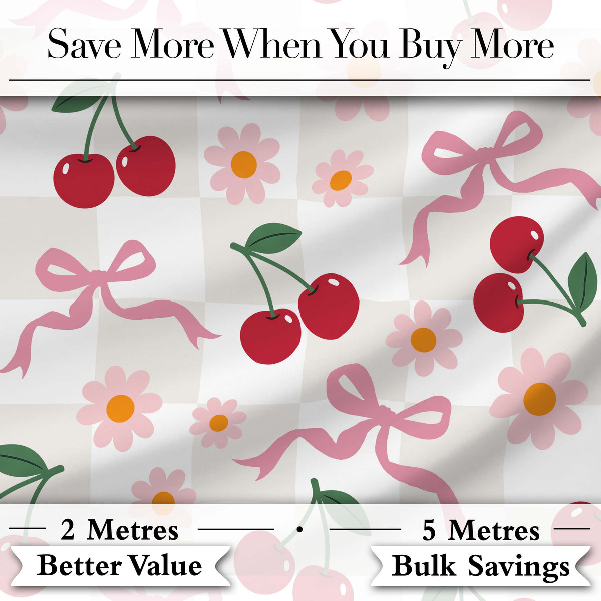 Cute Cherry and Daisy Flowers with Pink Ribbon Bows Neutral Check Background Digital Print Fabric by the Metre UK Sewing Quilting Textile