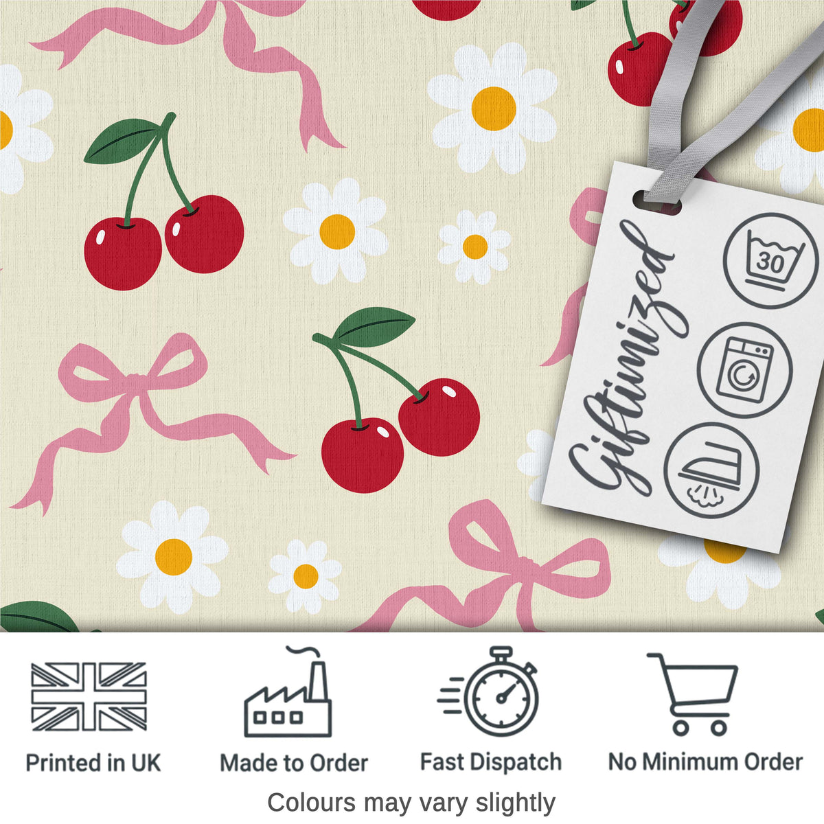 Cute Cherry and Daisy Flowers with Pink Ribbon Bows Pattern Cream Background Digital Print Fabric by the Metre UK Sewing Quilting Textile