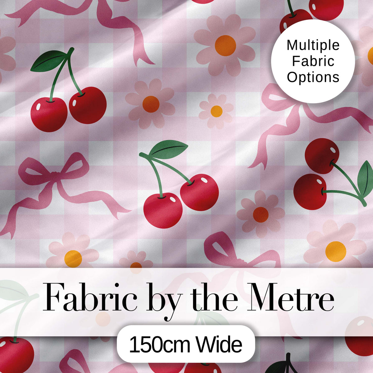Cute Cherry and Daisy Flowers with Pink Ribbon Bows Pink Gingham Background Digital Print Fabric by the Metre UK Sewing Quilting Textile