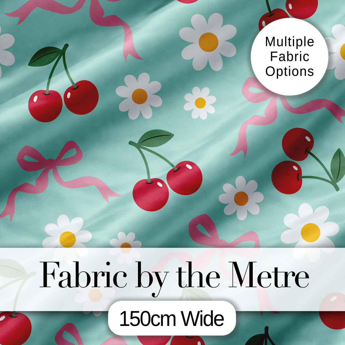 Cute Cherry and Daisy Flowers with Pink Ribbon Bows Pattern Teal Background Digital Print Fabric by the Metre UK Sewing Quilting Textile