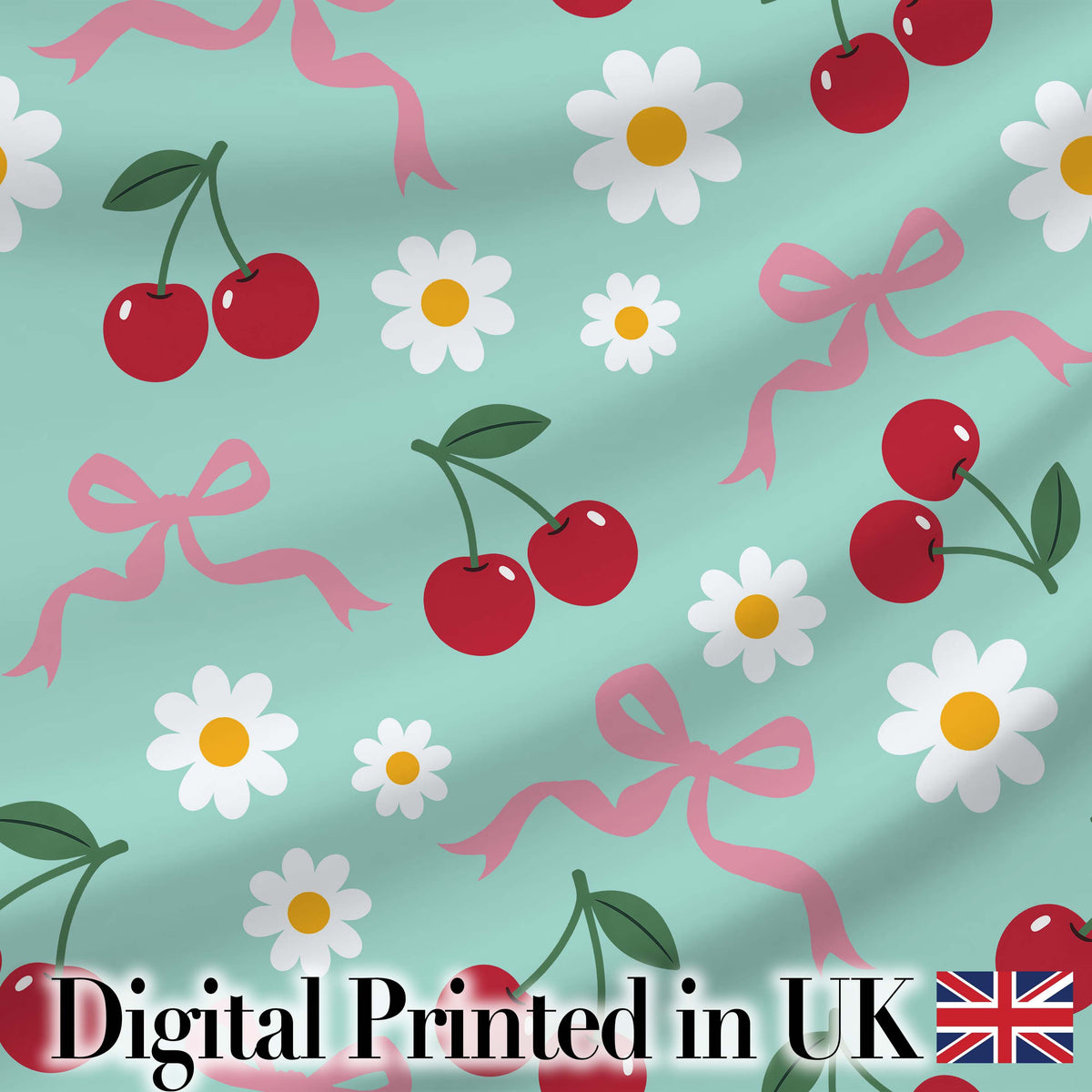 Cute Cherry and Daisy Flowers with Pink Ribbon Bows Pattern Teal Background Digital Print Fabric by the Metre UK Sewing Quilting Textile