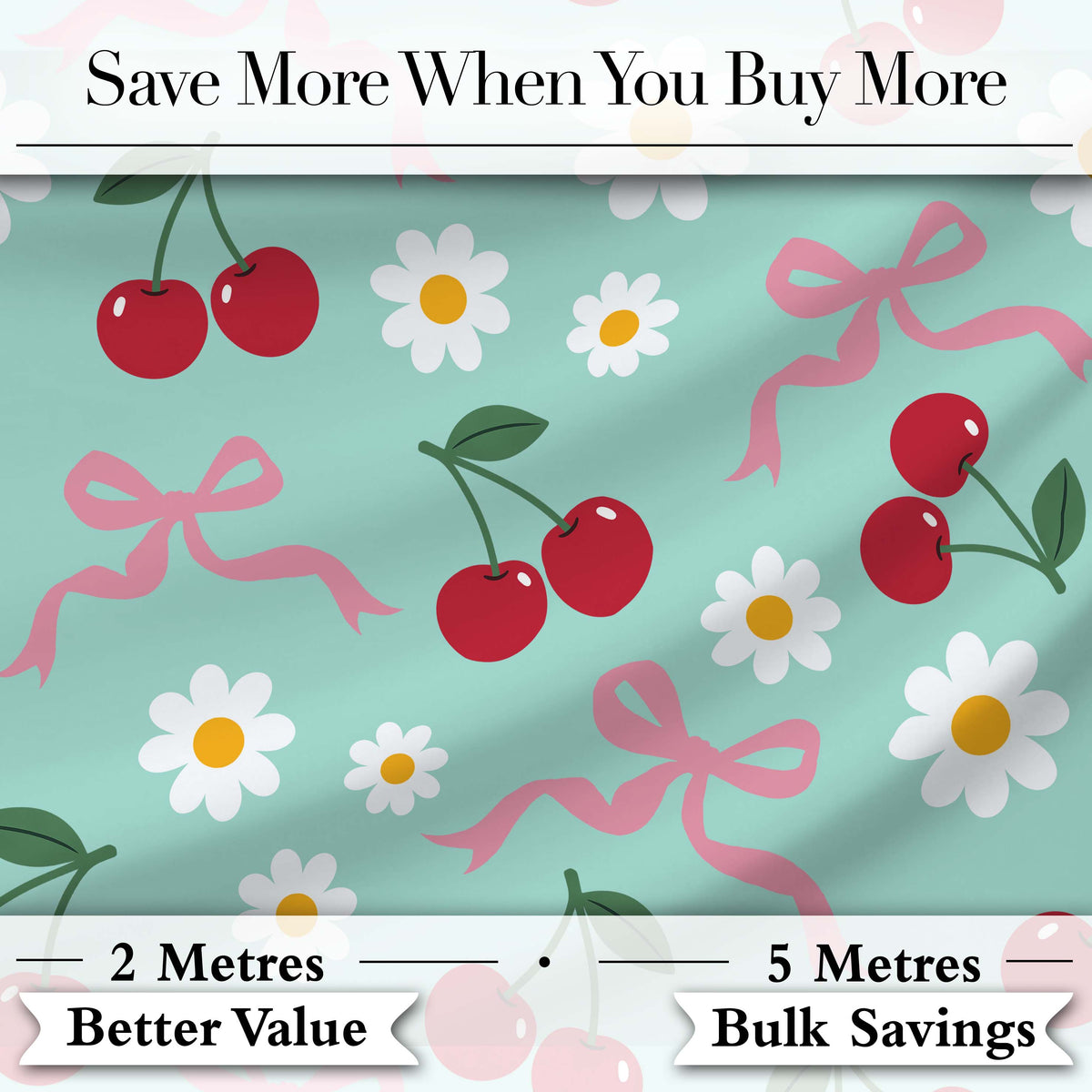 Cute Cherry and Daisy Flowers with Pink Ribbon Bows Pattern Teal Background Digital Print Fabric by the Metre UK Sewing Quilting Textile