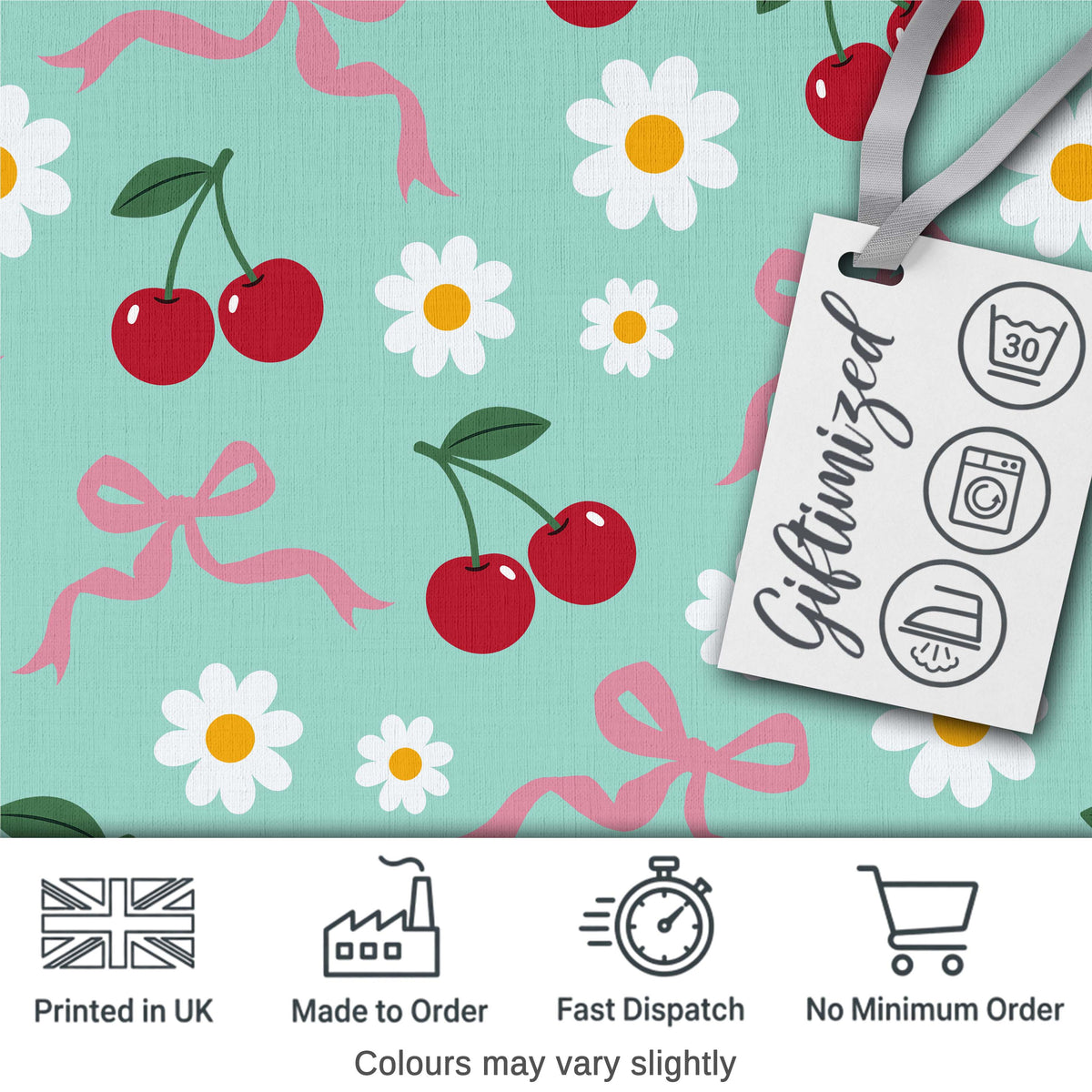 Cute Cherry and Daisy Flowers with Pink Ribbon Bows Pattern Teal Background Digital Print Fabric by the Metre UK Sewing Quilting Textile