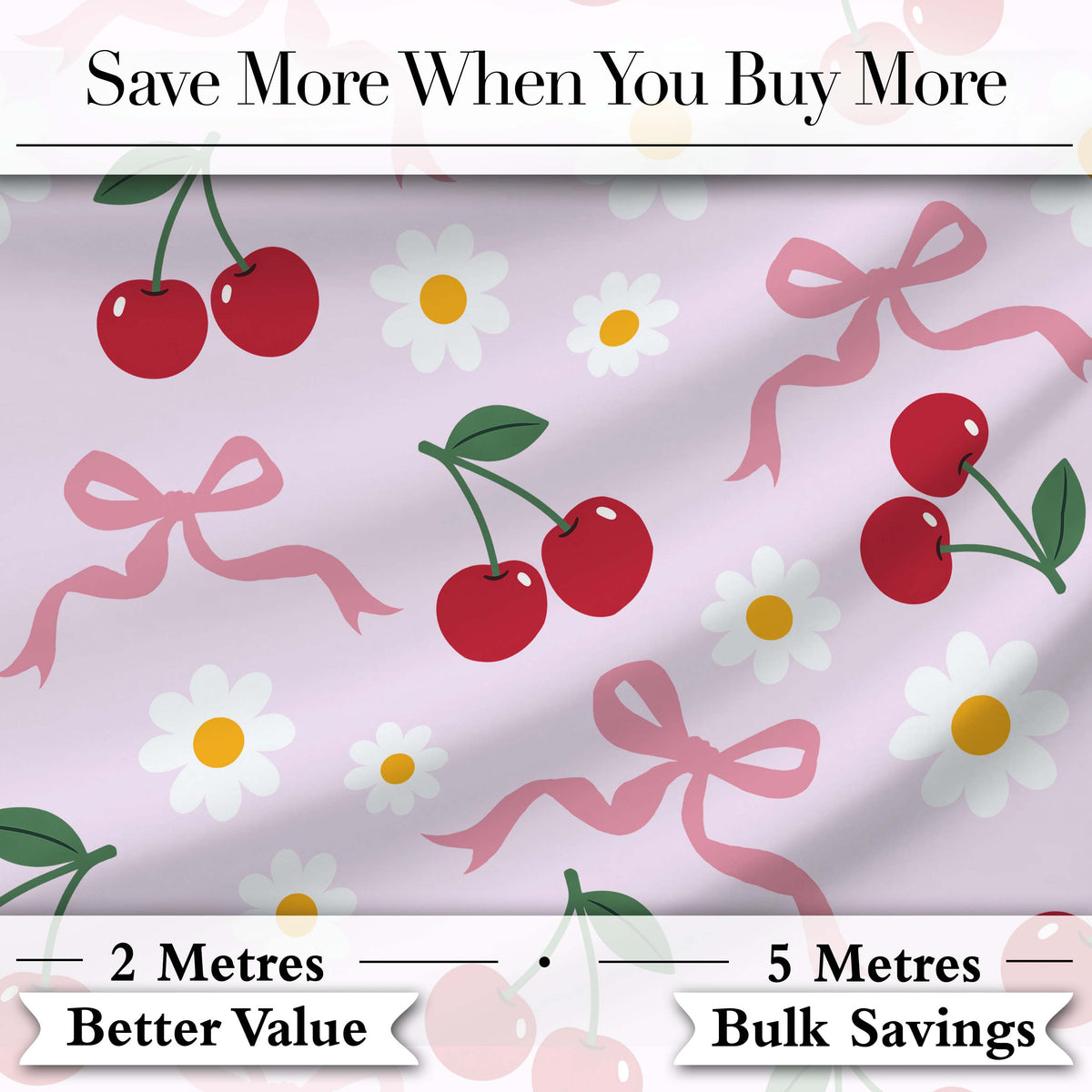 Cute Cherry and Daisy Flowers with Pink Ribbon Bows Soft Lilac Background Digital Print Fabric by the Metre UK Sewing Quilting Textile