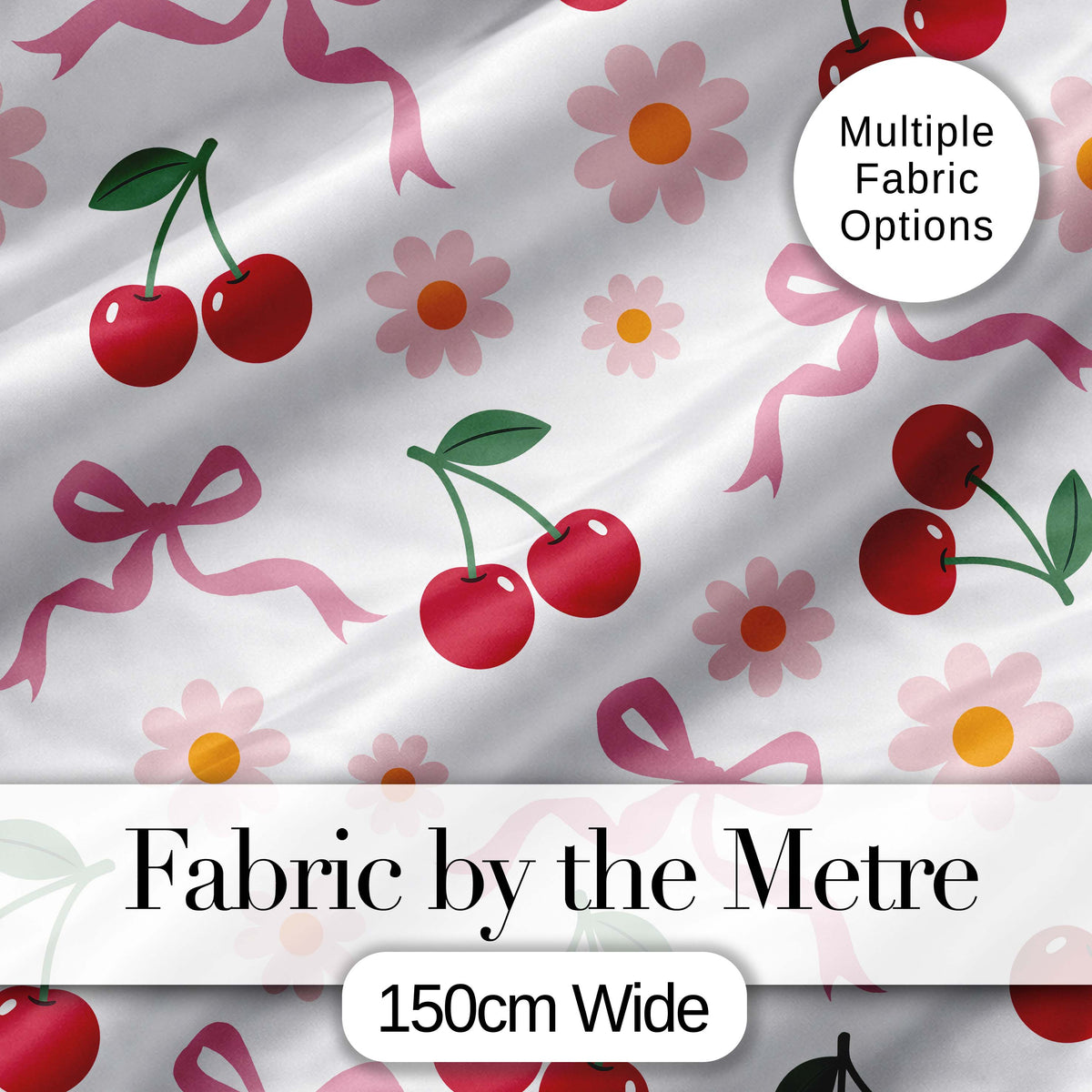 Cute Cherry and Daisy Flowers with Pink Ribbon Bows Light Grey Background Digital Print Fabric by the Metre UK Sewing Quilting Textile