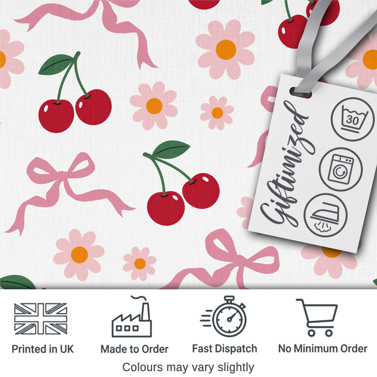 Cute Cherry and Daisy Flowers with Pink Ribbon Bows Light Grey Background Digital Print Fabric by the Metre UK Sewing Quilting Textile