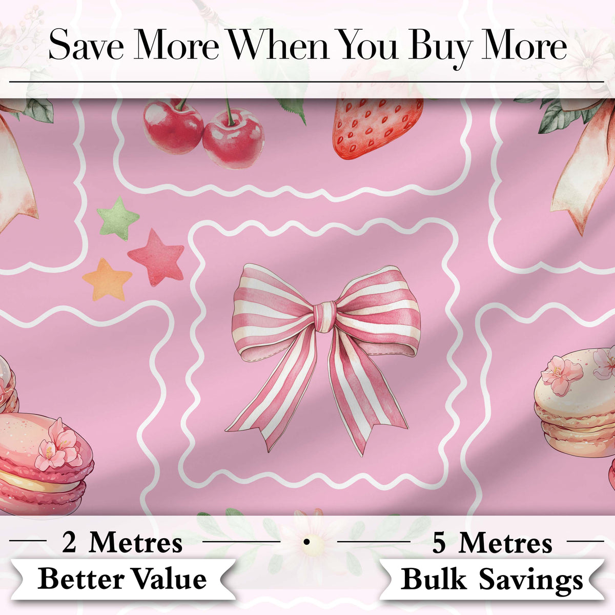 Cute Watercolor Cherry Strawberry Ribbon Bow and Macaron Frame Pink Background Digital Print Fabric by the Metre UK Sewing Quilting Textile