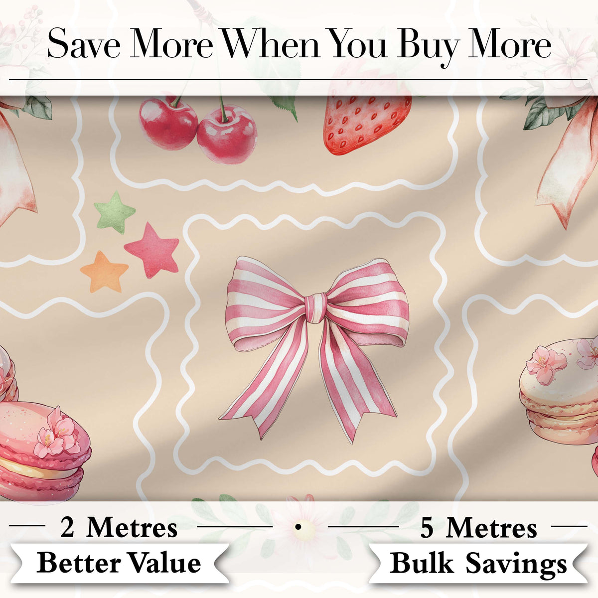Cute Watercolor Cherry Strawberry Ribbon Bow and Macaron Frame Beige Background Digital Print Fabric by the Metre UK Sewing Quilting Textile