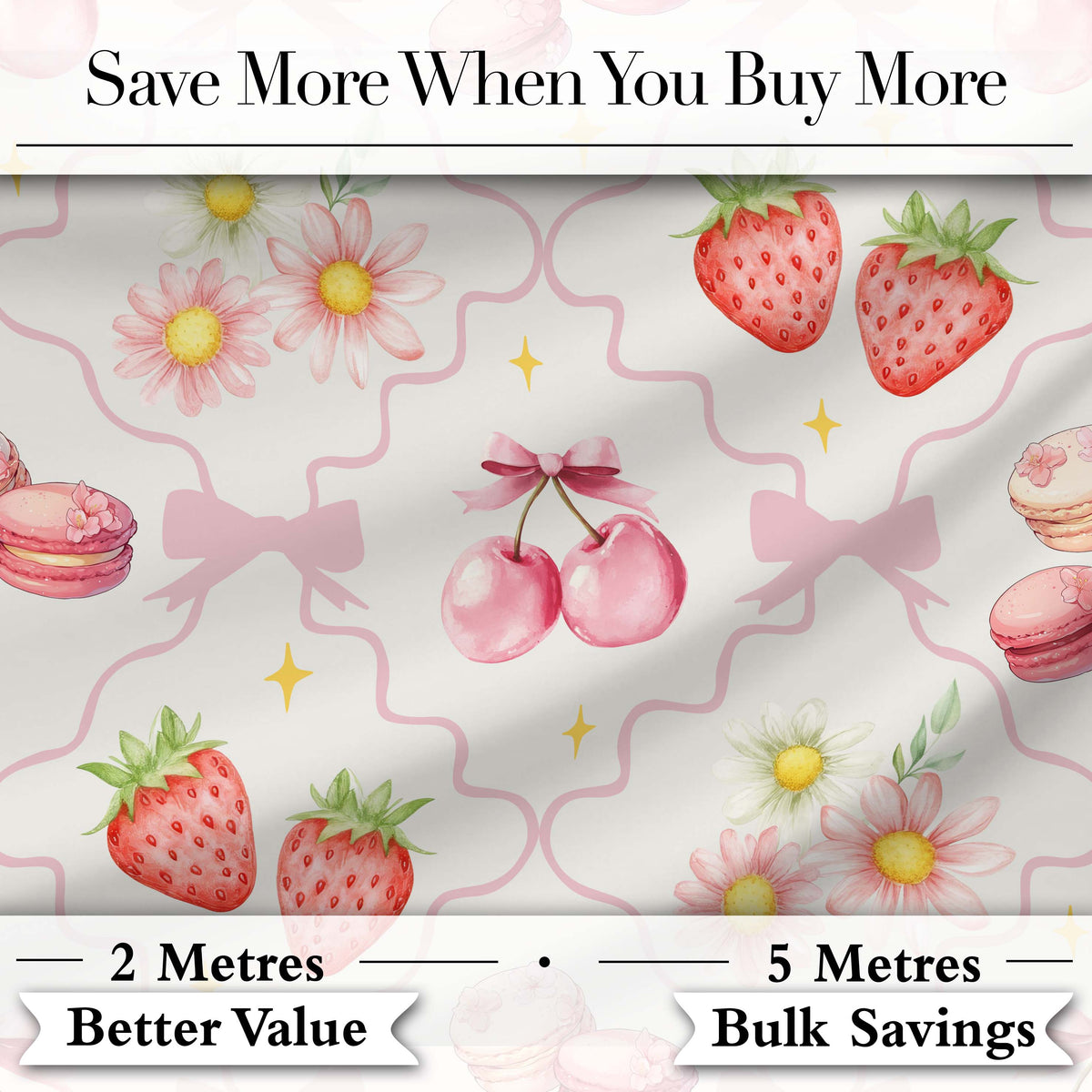 Cute Watercolor Cherry Strawberry Daisy Flowers Pink Bow Light Grey Background Digital Print Fabric by the Metre UK Sewing Quilting Textile