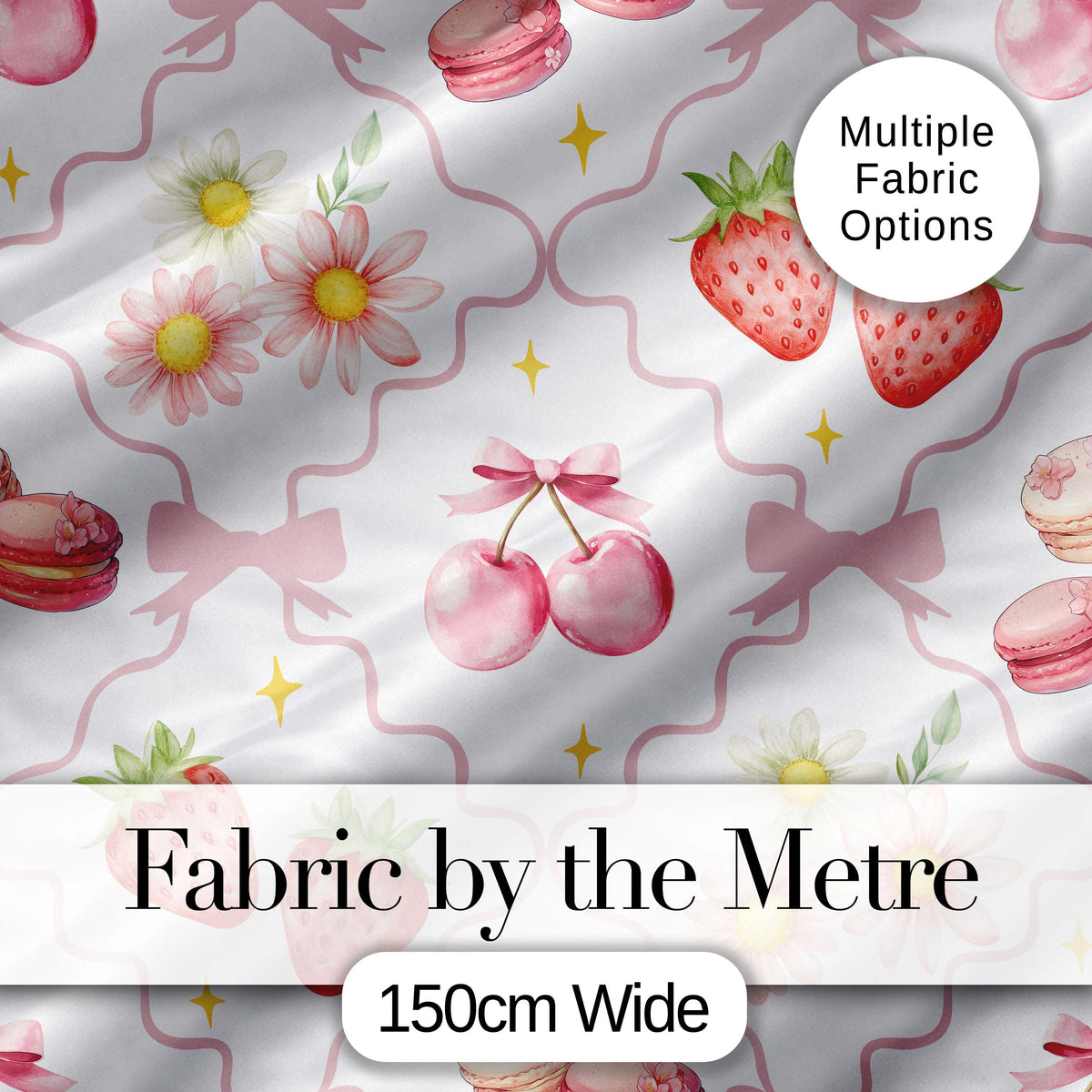 Cute Watercolor Cherry Strawberry Daisy Flowers and Pink Bow White Background Digital Print Fabric by the Metre UK Sewing Quilting Textile