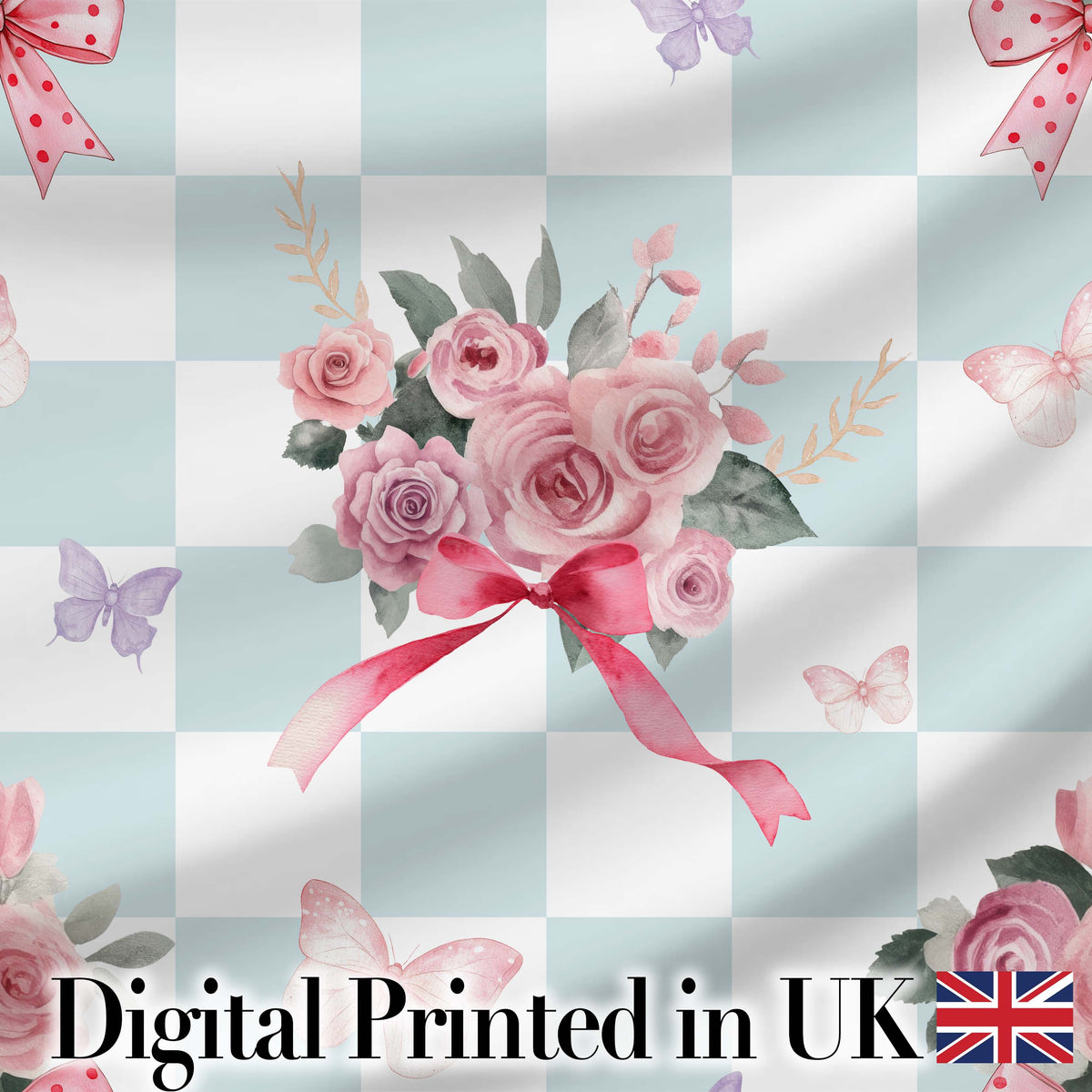Cute Watercolor Roses Bouquet with Red Ribbon Gingham Blue Background Digital Print Fabric by the Metre UK Sewing Quilting Textile