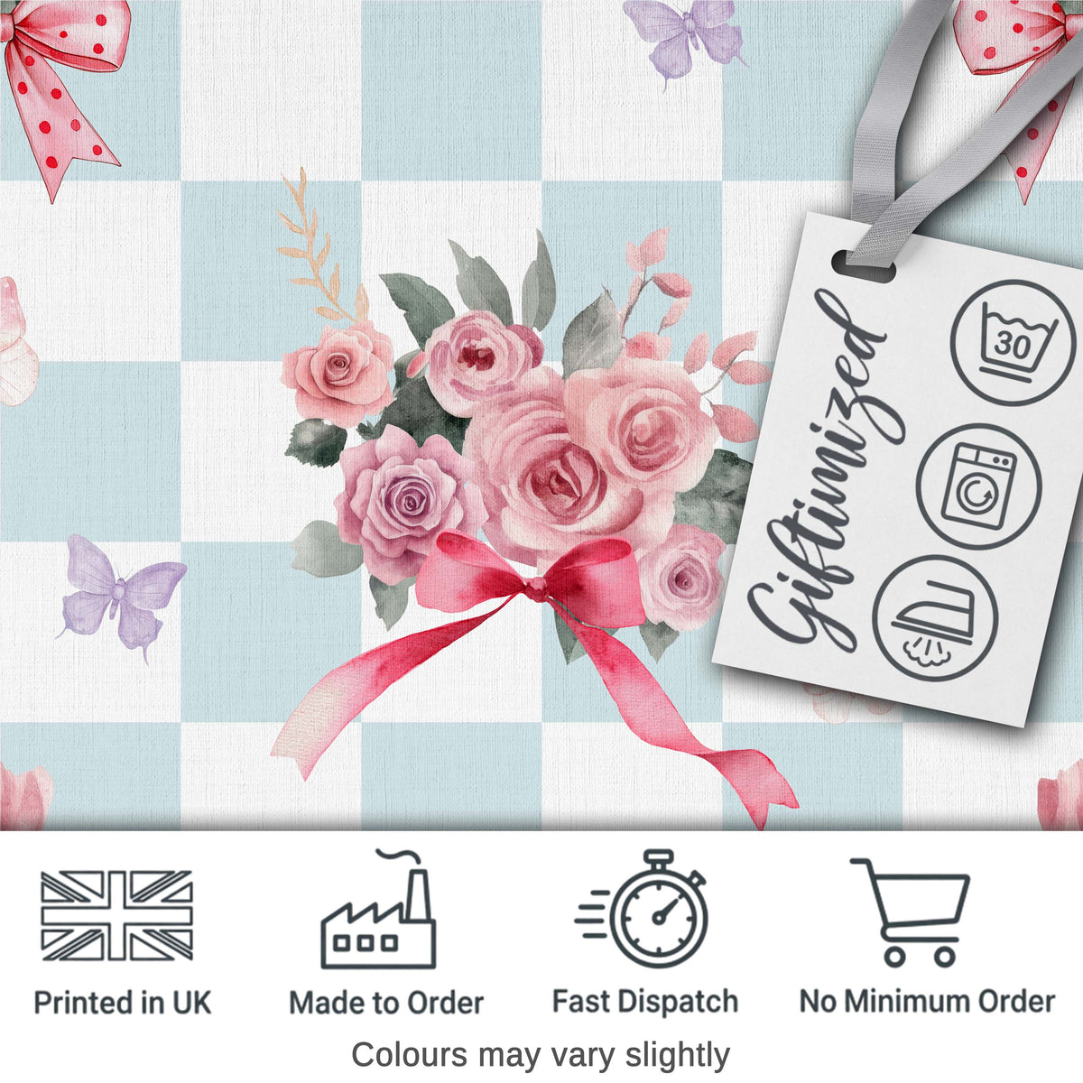 Cute Watercolor Roses Bouquet with Red Ribbon Gingham Blue Background Digital Print Fabric by the Metre UK Sewing Quilting Textile