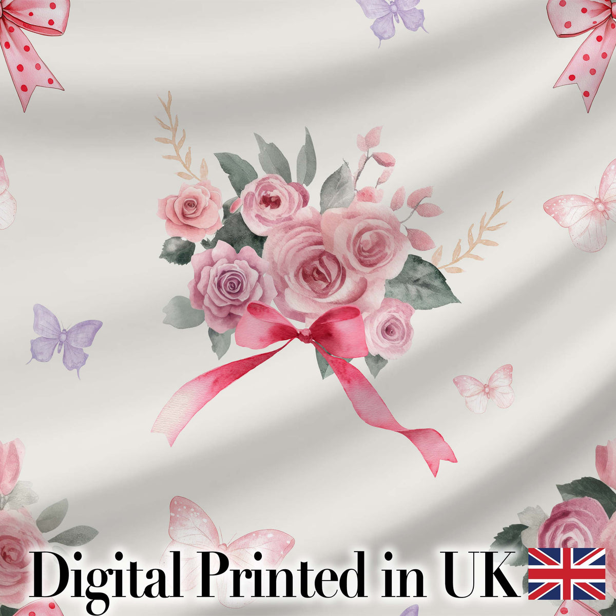 Cute Watercolor Roses Bouquet with Red Ribbon Light Cream Background Digital Print Fabric by the Metre UK Sewing Quilting Textile