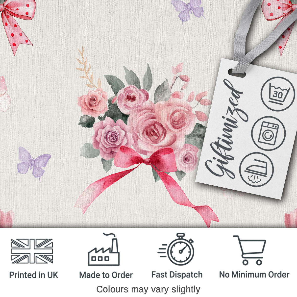 Cute Watercolor Roses Bouquet with Red Ribbon Light Cream Background Digital Print Fabric by the Metre UK Sewing Quilting Textile