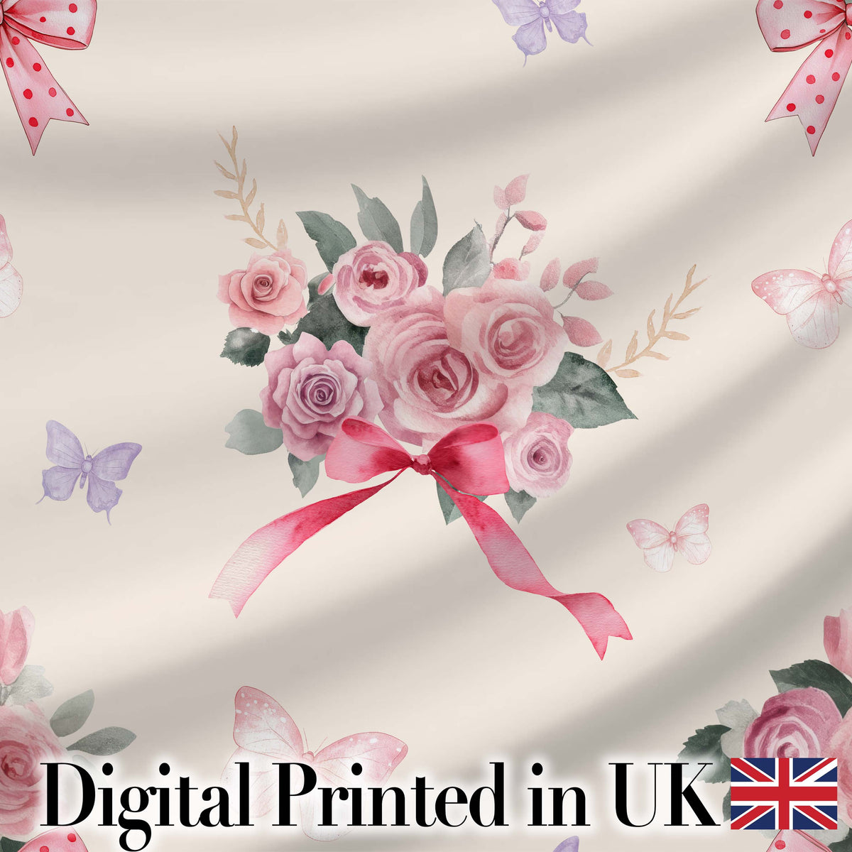 Cute Watercolor Roses Bouquet with Red Ribbon Neutral Beige Background Digital Print Fabric by the Metre UK Sewing Quilting Textile