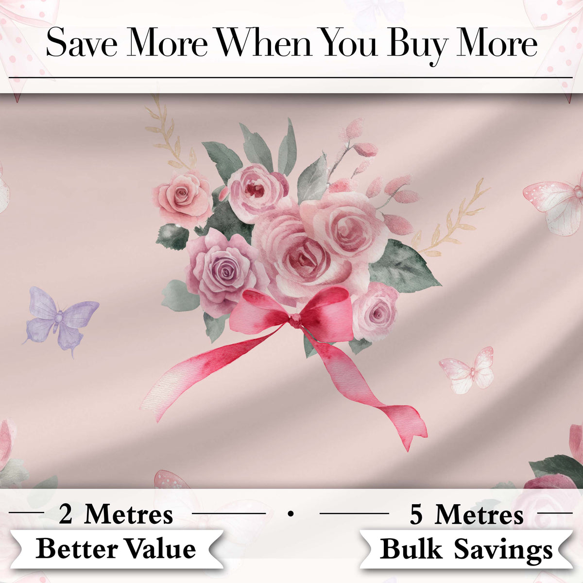 Cute Watercolor Roses Bouquet with Red Ribbon Warm Blush Background Digital Print Fabric by the Metre UK Sewing Quilting Textile