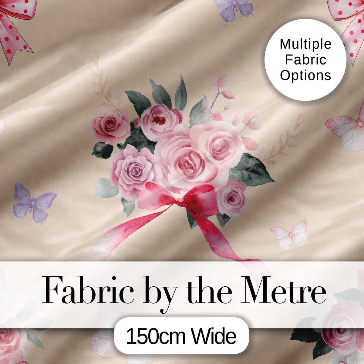 Cute Watercolor Roses Bouquet with Red Ribbon Warm Beige Background Digital Print Fabric by the Metre UK Sewing Quilting Textile
