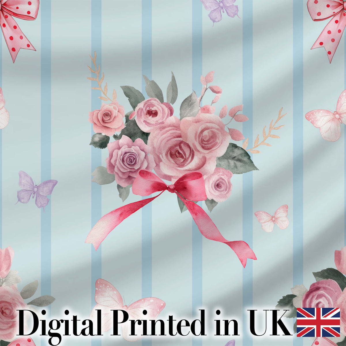 Cute Watercolor Roses Bouquet with Red Ribbon Soft Blue Stripe Background Digital Print Fabric by the Metre UK Sewing Quilting Textile