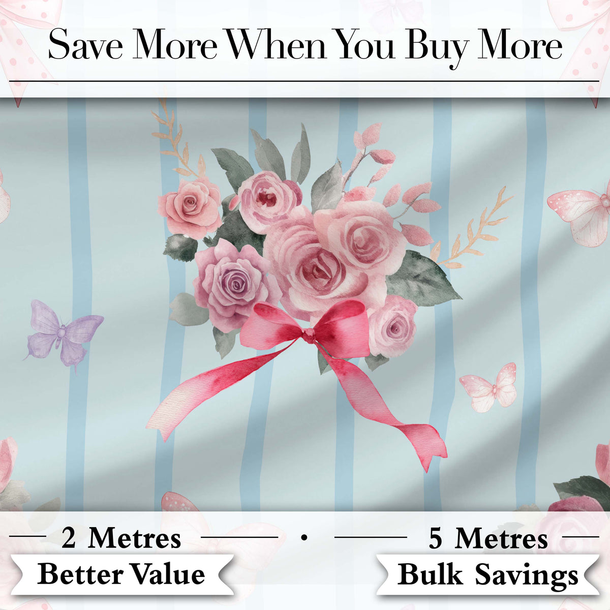 Cute Watercolor Roses Bouquet with Red Ribbon Soft Blue Stripe Background Digital Print Fabric by the Metre UK Sewing Quilting Textile