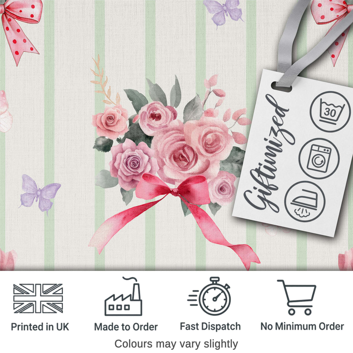 Cute Watercolor Roses Bouquet with Red Ribbon Sage Green Stripe Background Digital Print Fabric by the Metre UK Sewing Quilting Textile