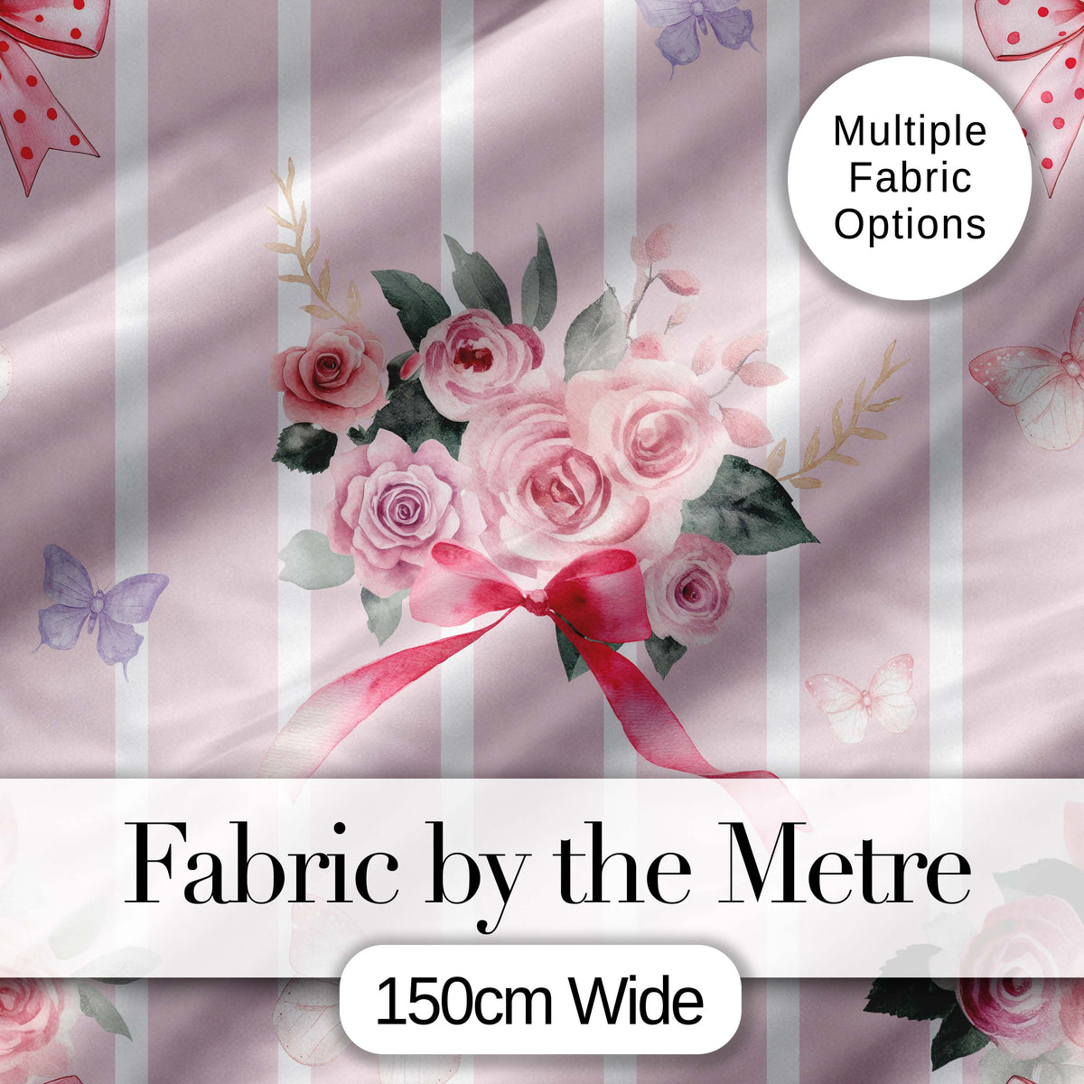 Cute Watercolor Roses Bouquet with Red Ribbon Blush Pink Stripe Background Digital Print Fabric by the Metre UK Sewing Quilting Textile